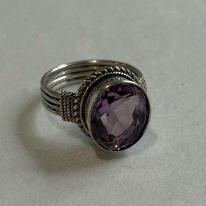 Vintage 925 Sterling Silver Oval Faceted Purple Amethyst Cocktail Ring Size 8